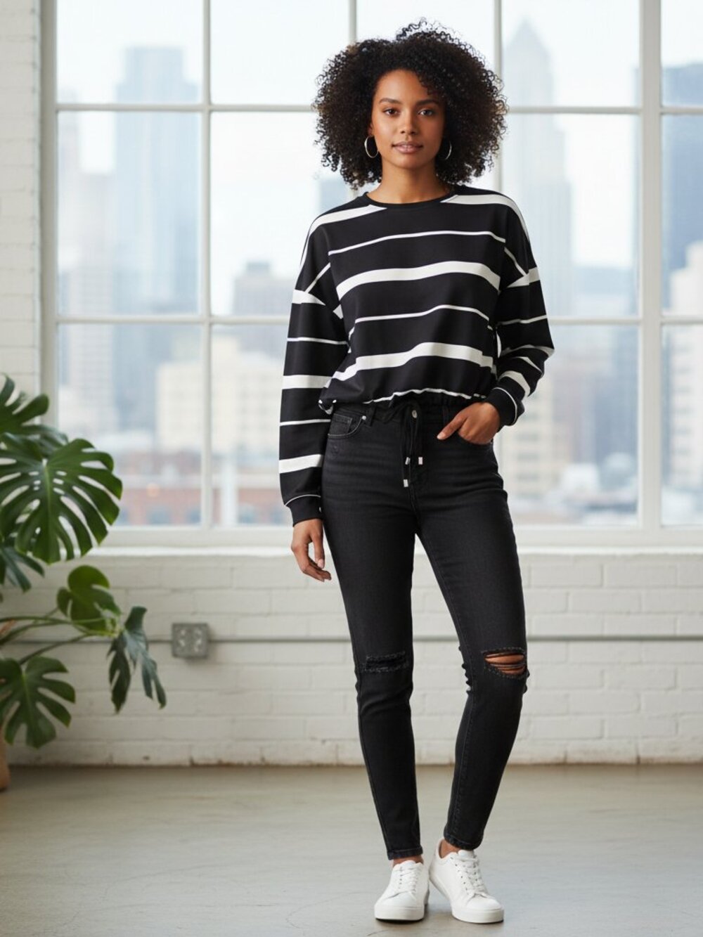 Cupio Striped Top L Black White NWT Casual Long Sleeve Basic Top